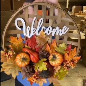 Autumn Welcome Wreath with Pumpkins and Leaves